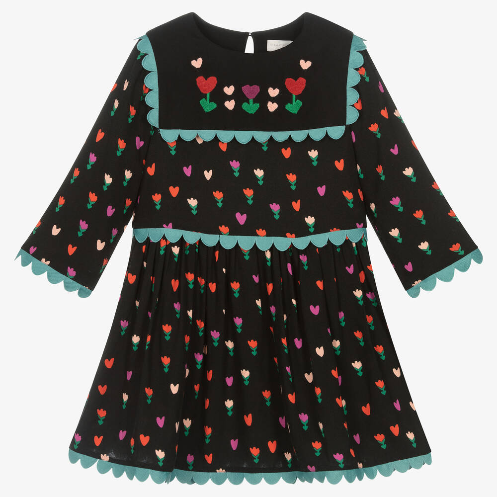 Stella McCartney Kids - فستان بطبعة توليب وقلوب فيسكوز لون أسود | Childrensalon