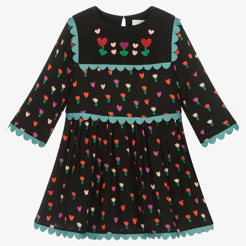 Stella McCartney Kids-فستان بطبعة توليب وقلوب فيسكوز لون أسود | Childrensalon Outlet