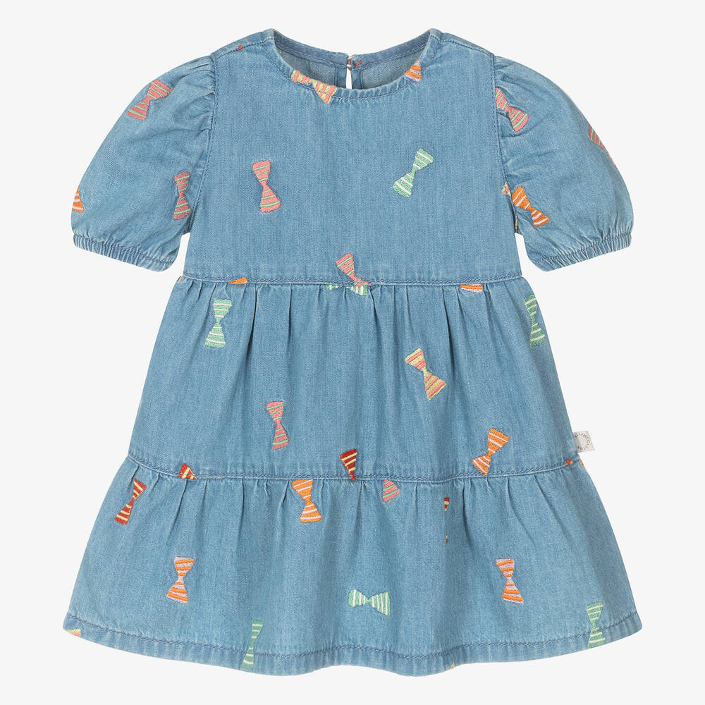 Stella McCartney Kids-Голубое платье из хлопкового шамбре с бантиками для девочек | Childrensalon Outlet