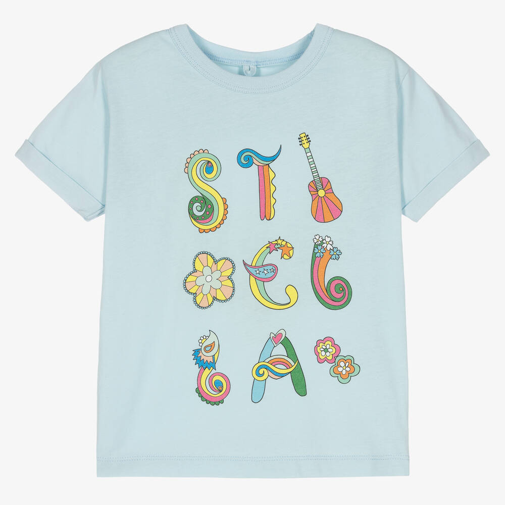 Stella McCartney Kids - Girls Blue Cotton Logo T-Shirt | Childrensalon