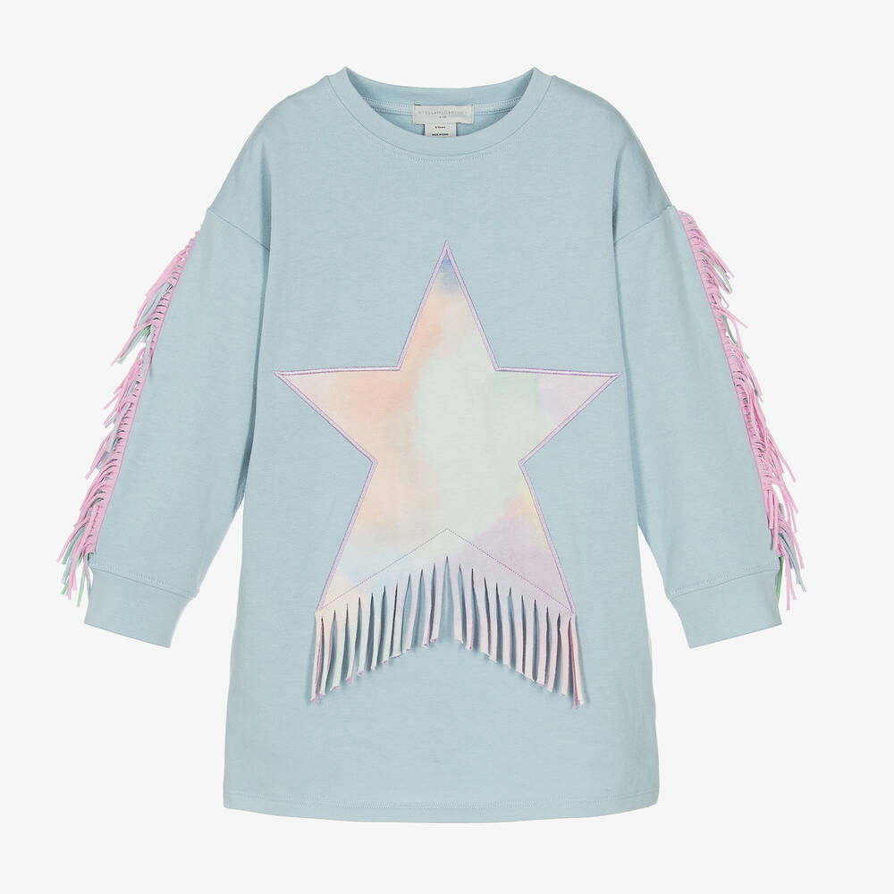 Stella McCartney Kids - Girls Blue Cotton Star Sweatshirt Dress | Childrensalon