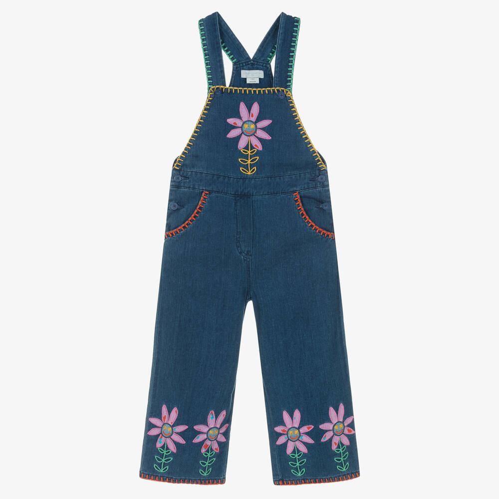 Stella McCartney Kids - Girls Blue Denim Flower Dungarees | Childrensalon