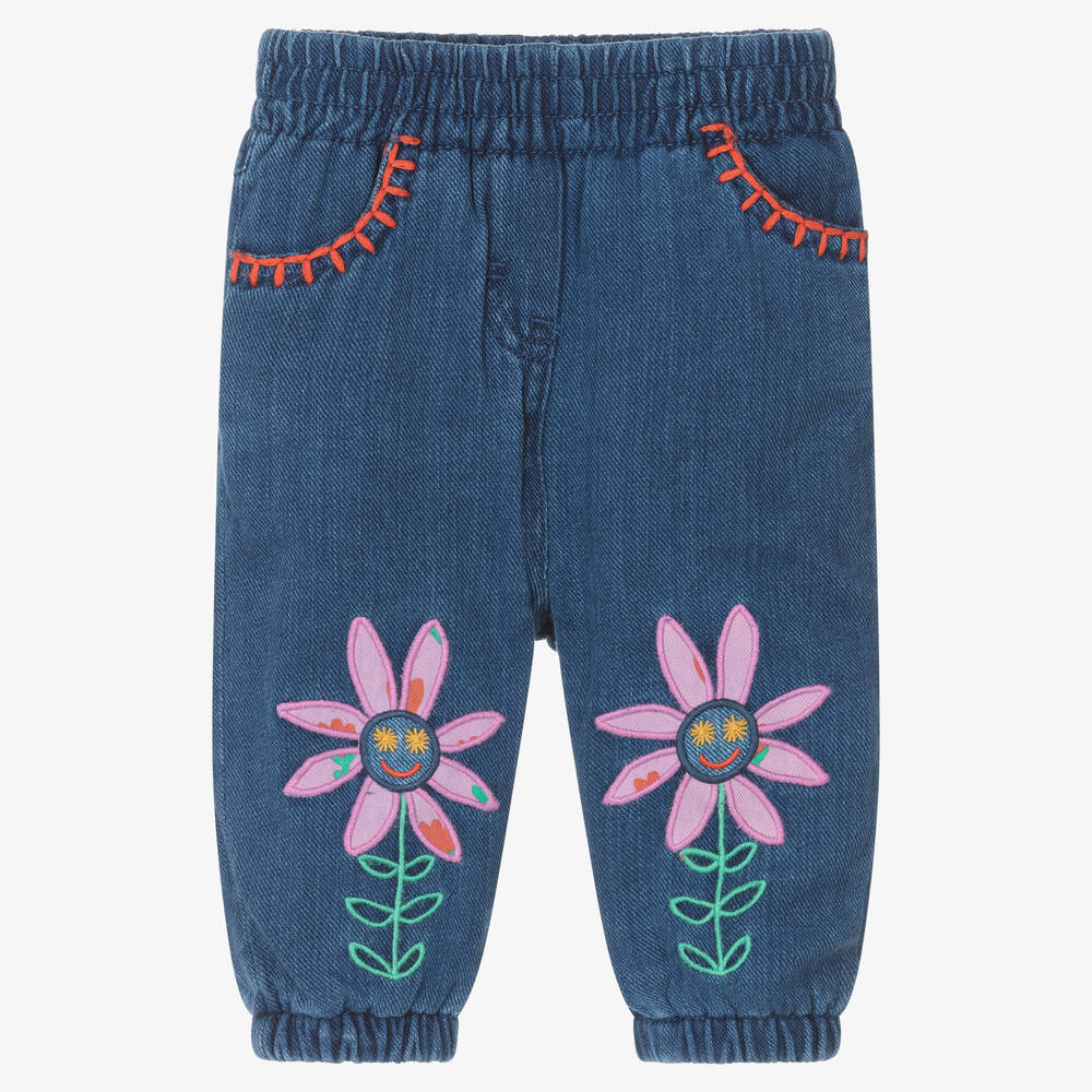 Stella McCartney Kids - Girls Blue Embroidered Chambray Trousers | Childrensalon