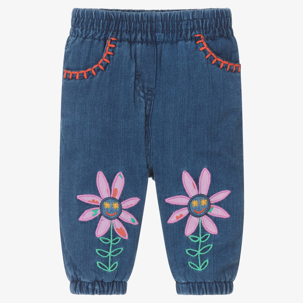 Stella McCartney Kids-بنطلون قطن عضوي شامبري مطرز لون أزرق | Childrensalon Outlet
