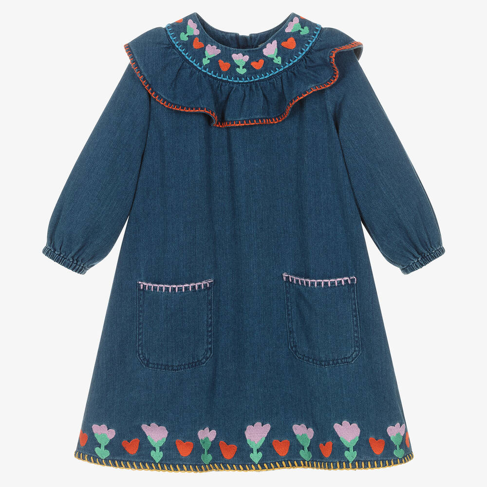 Stella McCartney Kids - Girls Blue Embroidered Denim Dress | Childrensalon