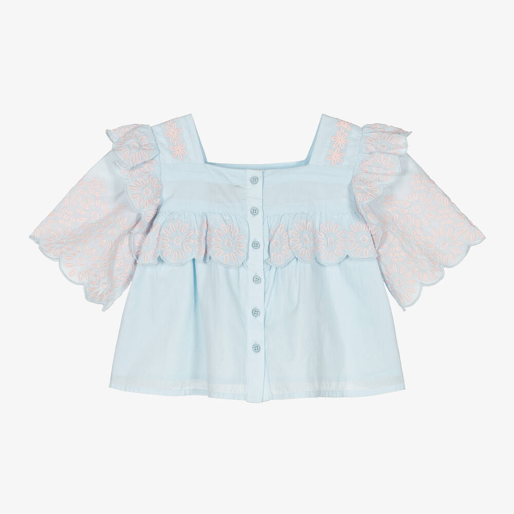 Stella McCartney Kids-بلوز قطن عضوي فوال مطرز لون أزرق للبنات | Childrensalon Outlet
