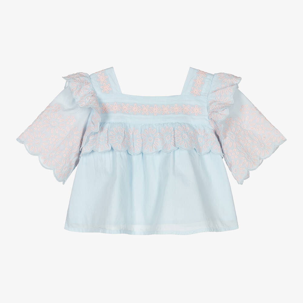 Stella McCartney Kids - Girls Blue Embroidered Organic Cotton Blouse | Childrensalon