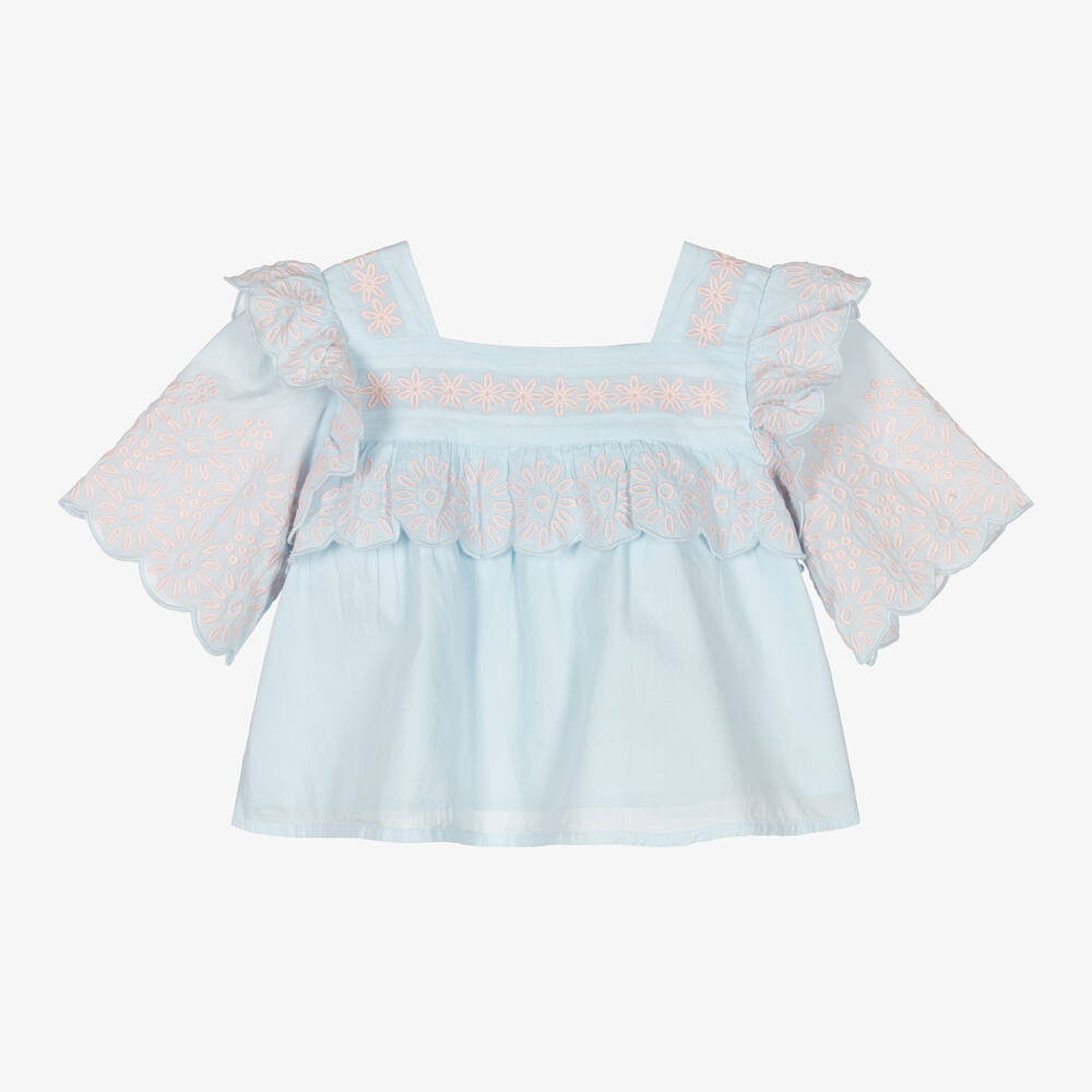 Stella McCartney Kids-Girls Blue Embroidered Organic Cotton Blouse | Childrensalon Outlet