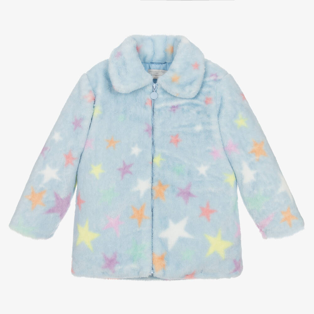 Stella McCartney Kids - Girls Blue Faux Fur Star Print Coat | Childrensalon