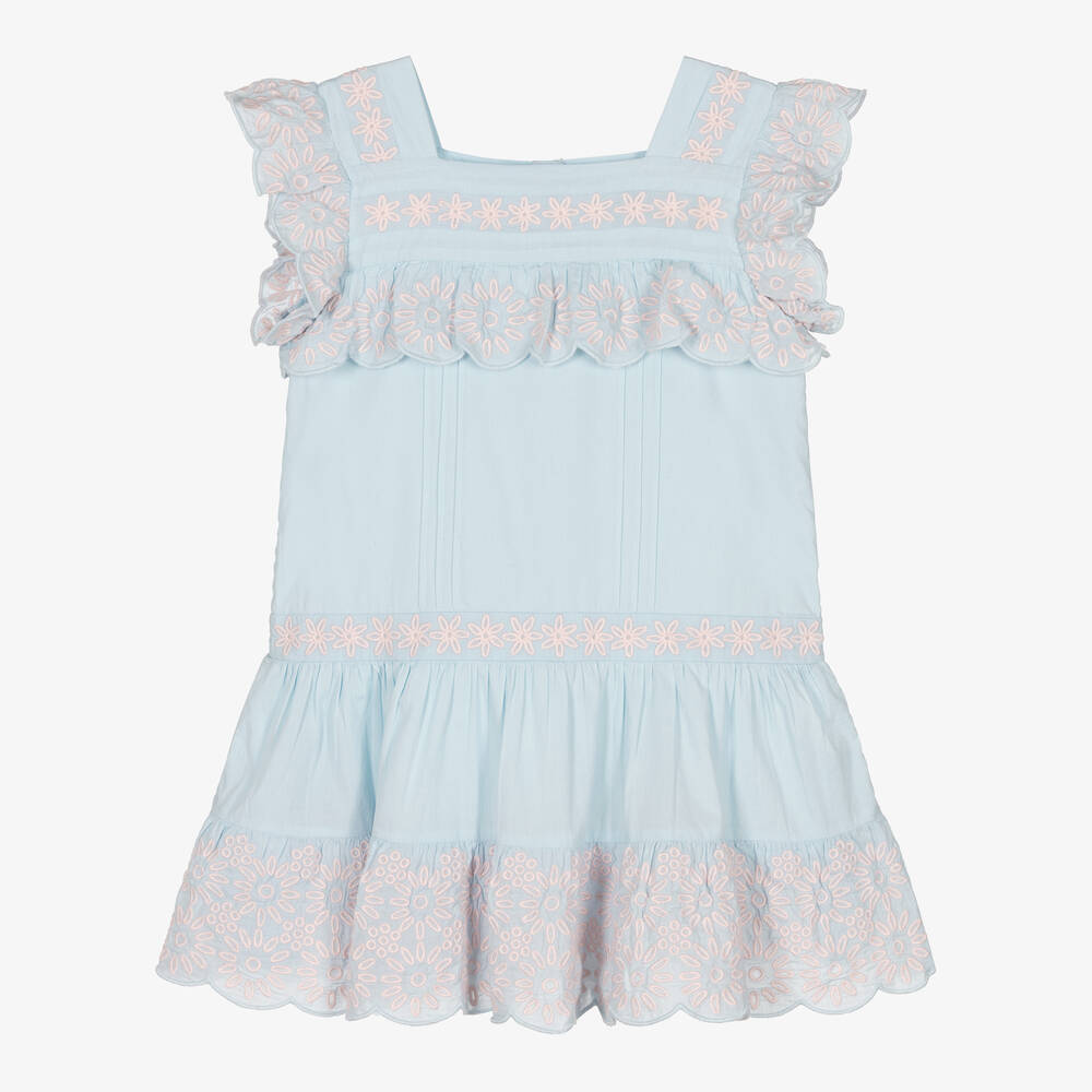 Stella McCartney Kids - Girls Blue Organic Cotton Embroidered Dress | Childrensalon