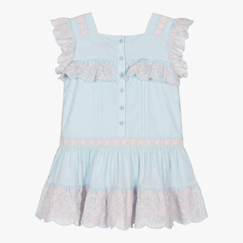 Stella McCartney Kids-Голубое платье из органического хлопка с вышивкой | Childrensalon Outlet