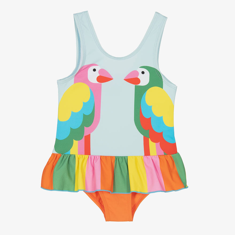 Stella McCartney Kids - Girls Blue Parrot Print Swimsuit (UPF50+) | Childrensalon