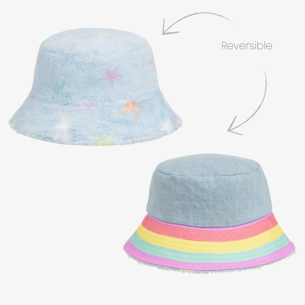 Stella McCartney Kids - Girls Blue Reversible Faux Fur Bucket Hat | Childrensalon