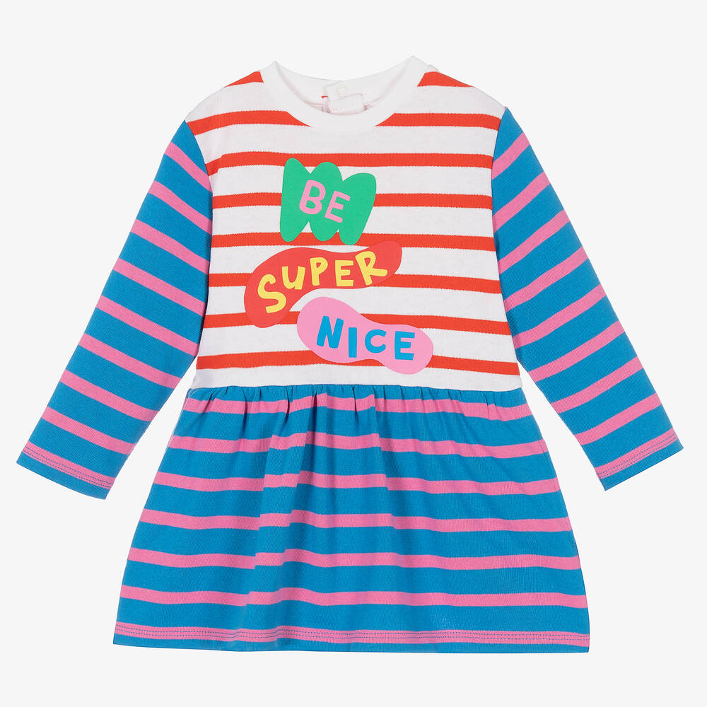 Stella McCartney Kids - Girls Blue Stripe Slogan Dress | Childrensalon
