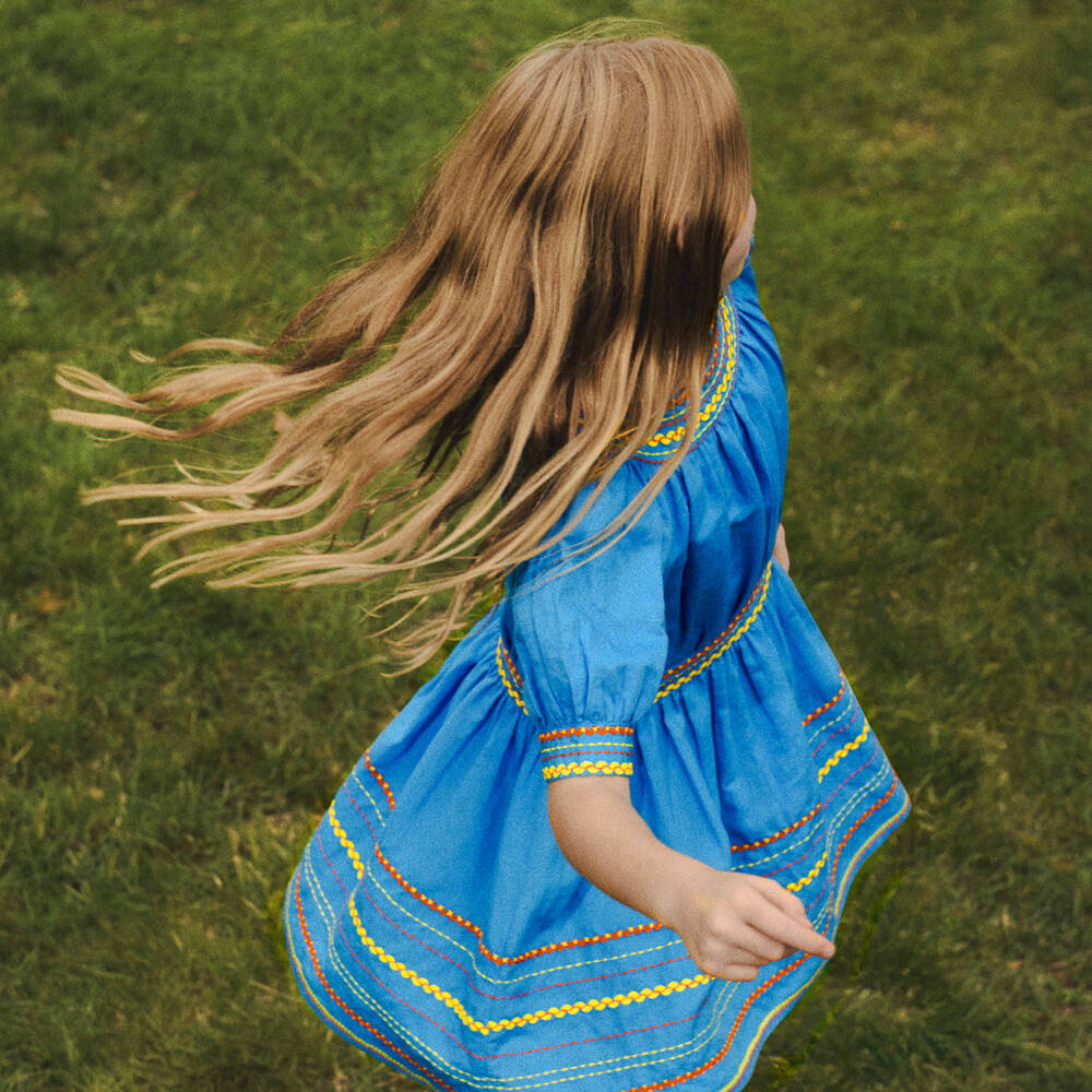 Stella McCartney Kids-Girls Bright Blue Embroidered Ric Rac Dress | Childrensalon Outlet