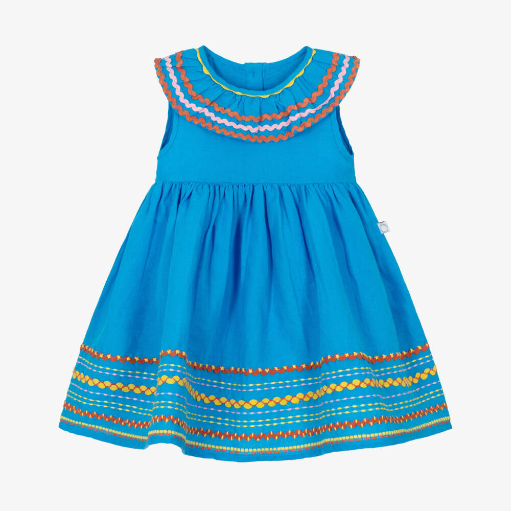 Stella McCartney Kids-Girls Bright Blue Ric Rac Dress with Colourful Embroidery | Childrensalon Outlet