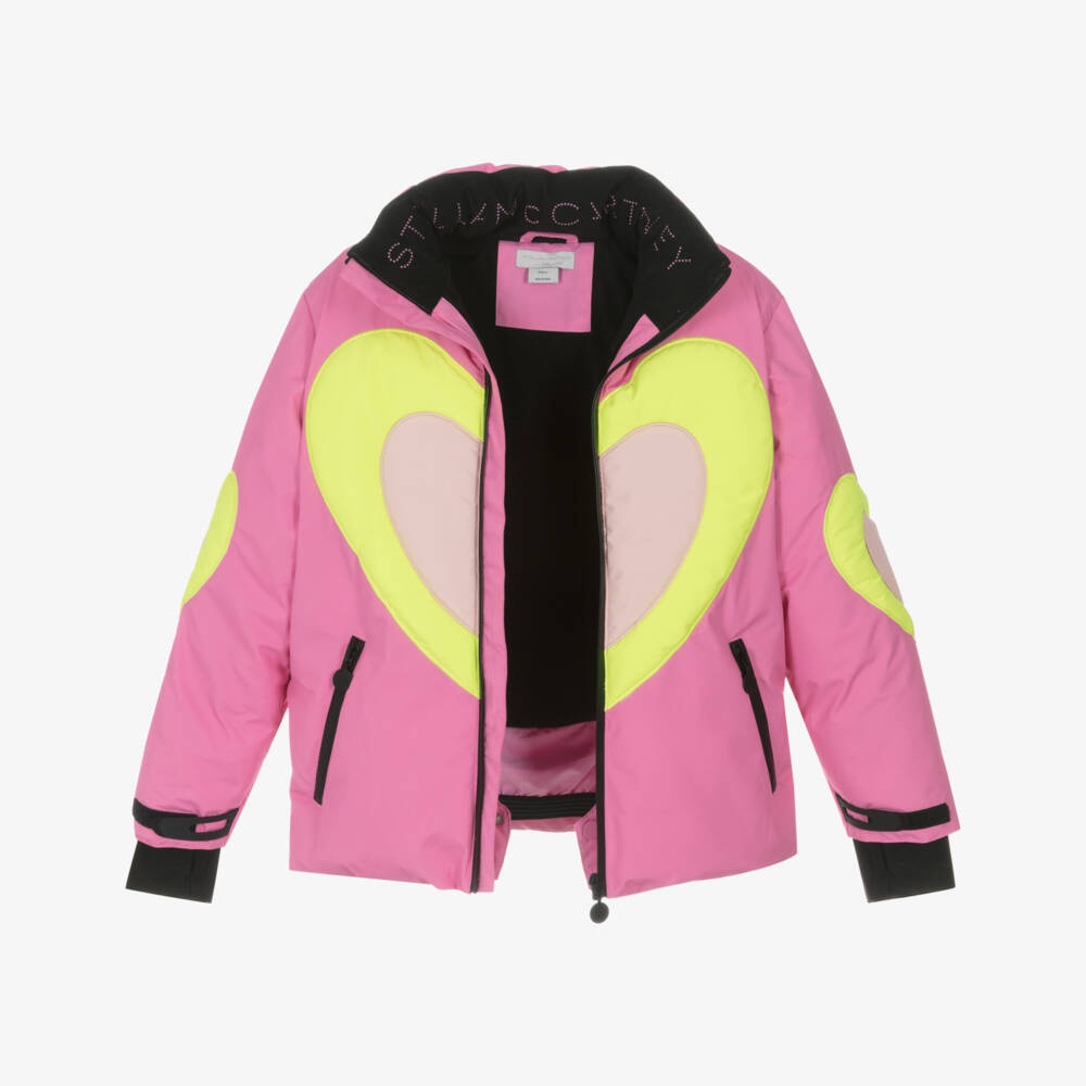 Stella McCartney Kids-Girls Bright Pink Ski Jacket with Neon Hearts | Childrensalon Outlet