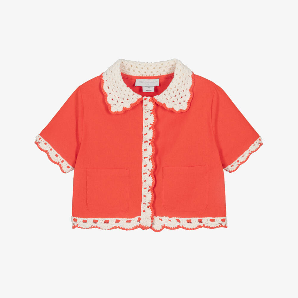 Stella McCartney Kids-Girls Coral Red Cotton Blouse with Crochet Detail | Childrensalon Outlet
