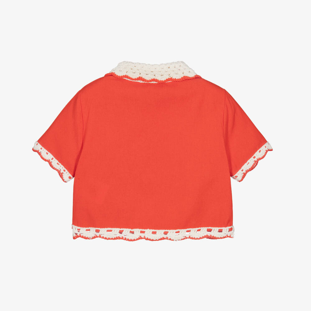 Stella McCartney Kids-Girls Coral Red Cotton Blouse with Crochet Detail | Childrensalon Outlet