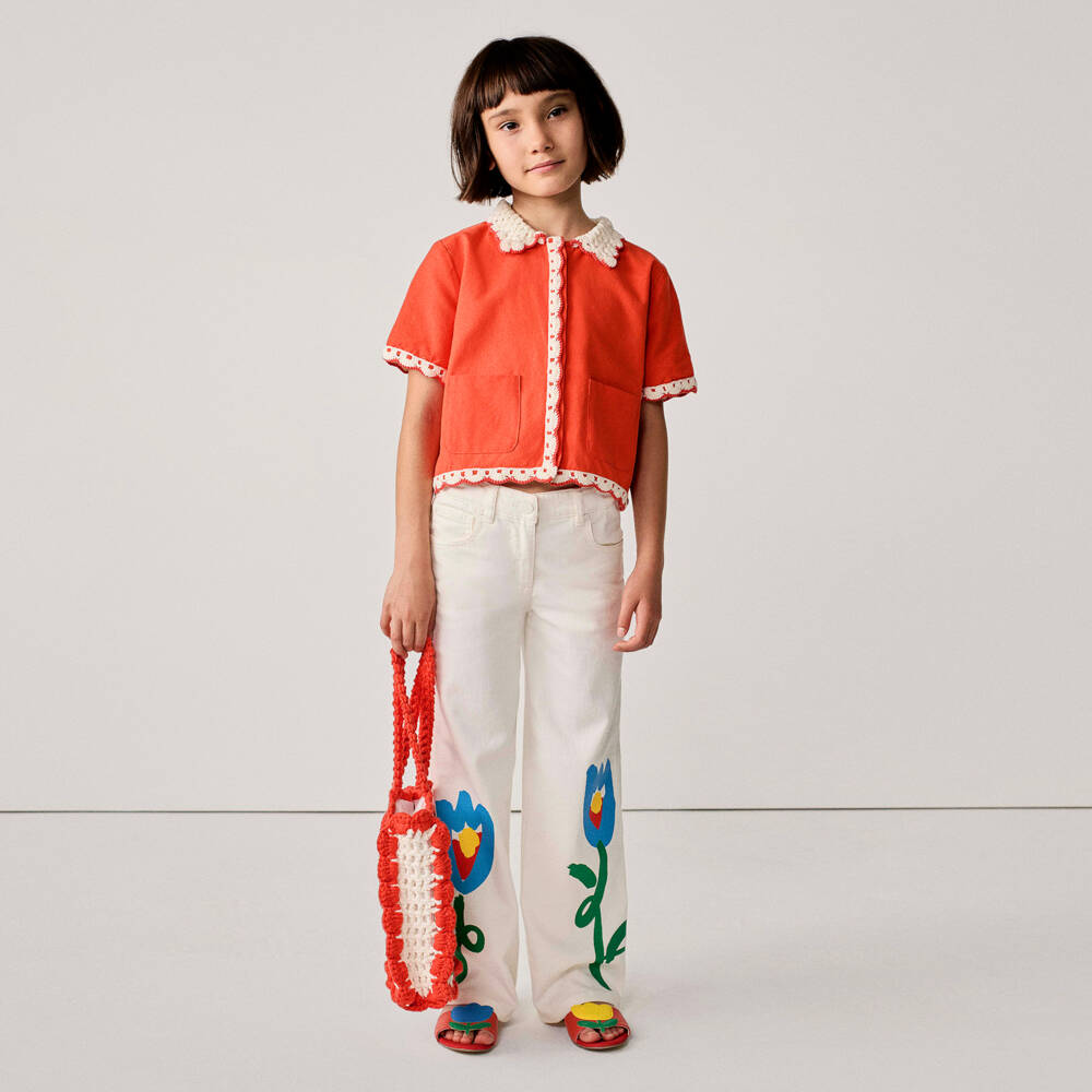 Stella McCartney Kids-Girls Coral Red Cotton Blouse with Crochet Detail | Childrensalon Outlet