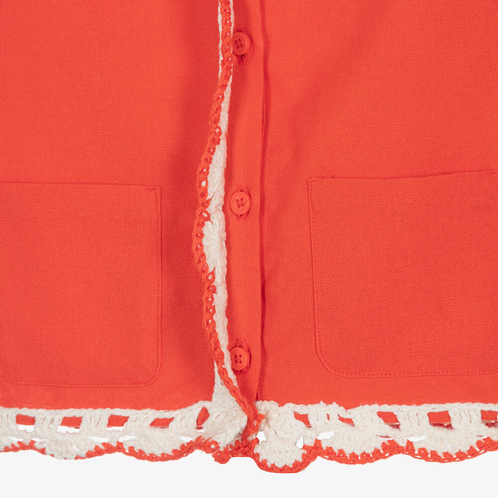 Stella McCartney Kids-Girls Coral Red Cotton Blouse with Crochet Detail | Childrensalon Outlet