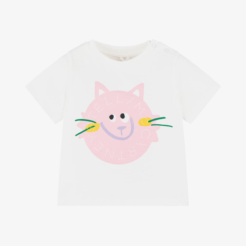 Stella McCartney Kids-Футболка из хлопка с кремовым котиком для девочек | Childrensalon Outlet