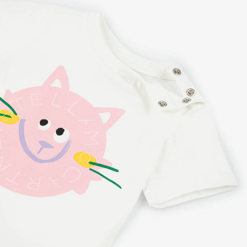 Stella McCartney Kids-Girls Creamy Cat Cotton Tee | Childrensalon Outlet