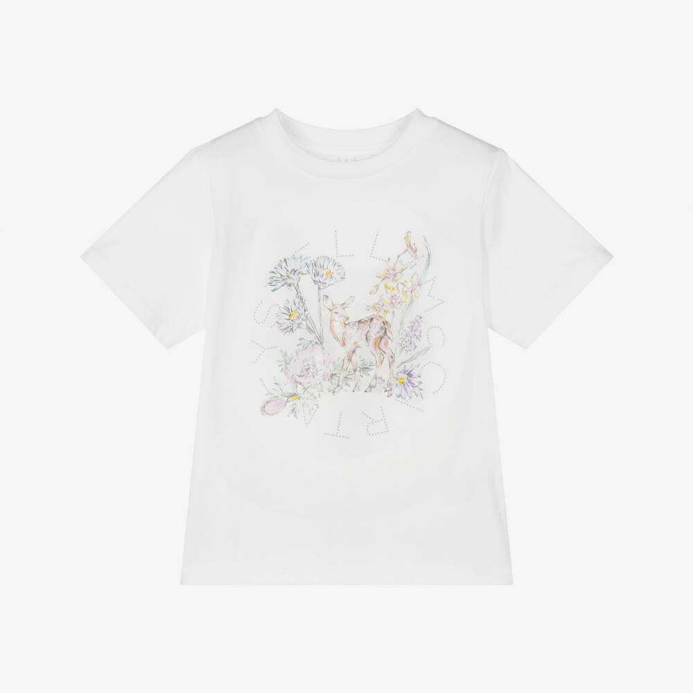 Stella McCartney Kids-تيشيرت للبنات بلون كريمي مع شعار الغزال | Childrensalon Outlet