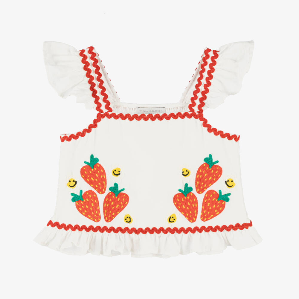 Stella McCartney Kids-Кремовая блузка с вышивкой клубники для девочек | Childrensalon Outlet