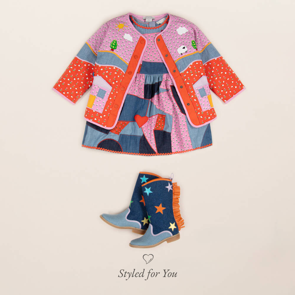 Stella McCartney Kids-فستان دنيم وشامبراي لون أزرق | Childrensalon Outlet