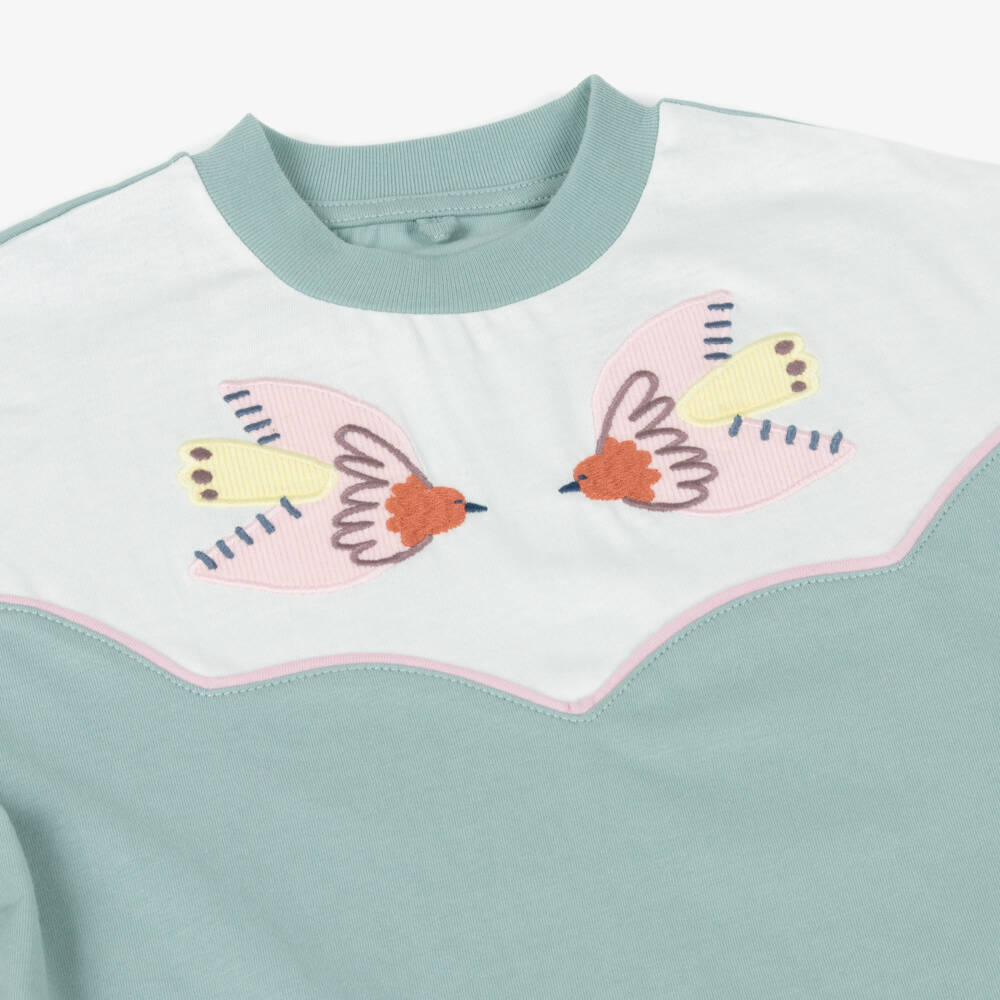 Stella McCartney Kids-Girls Green Appliqué Bird T-Shirt | Childrensalon Outlet