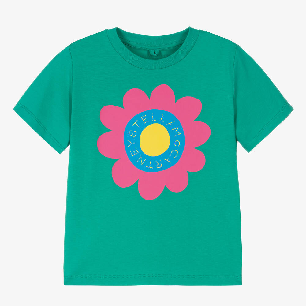 Stella McCartney Kids - Girls Green Cotton Flower Logo T-Shirt | Childrensalon