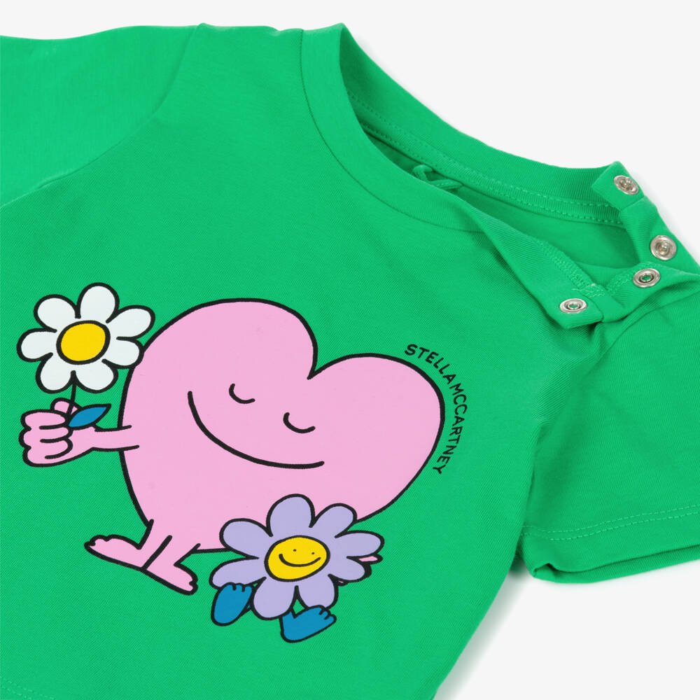 Stella McCartney Kids-Girls Green Cotton Smiling Heart T-Shirt | Childrensalon Outlet