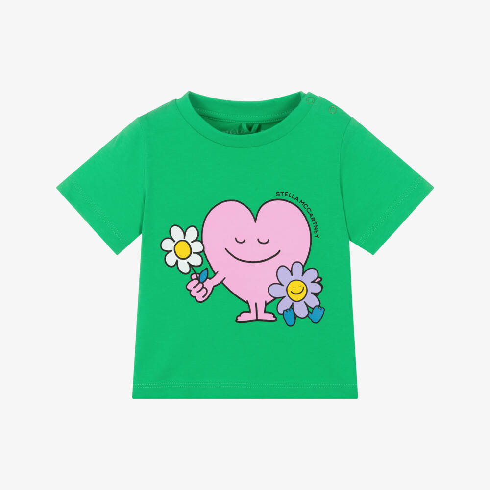 Stella McCartney Kids-Girls Green Cotton Smiling Heart T-Shirt | Childrensalon Outlet