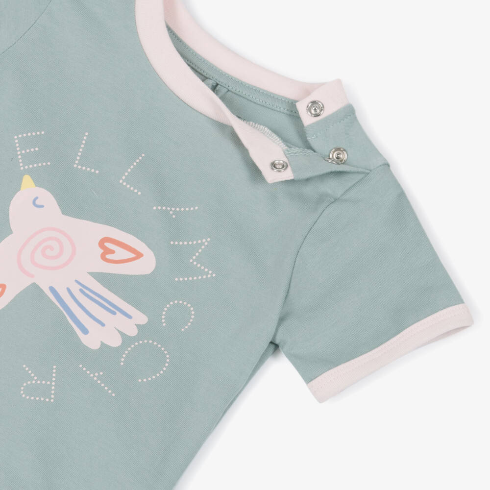 Stella McCartney Kids-Girls Green Cotton T-Shirt with Pink Logo & Bird Print | Childrensalon Outlet