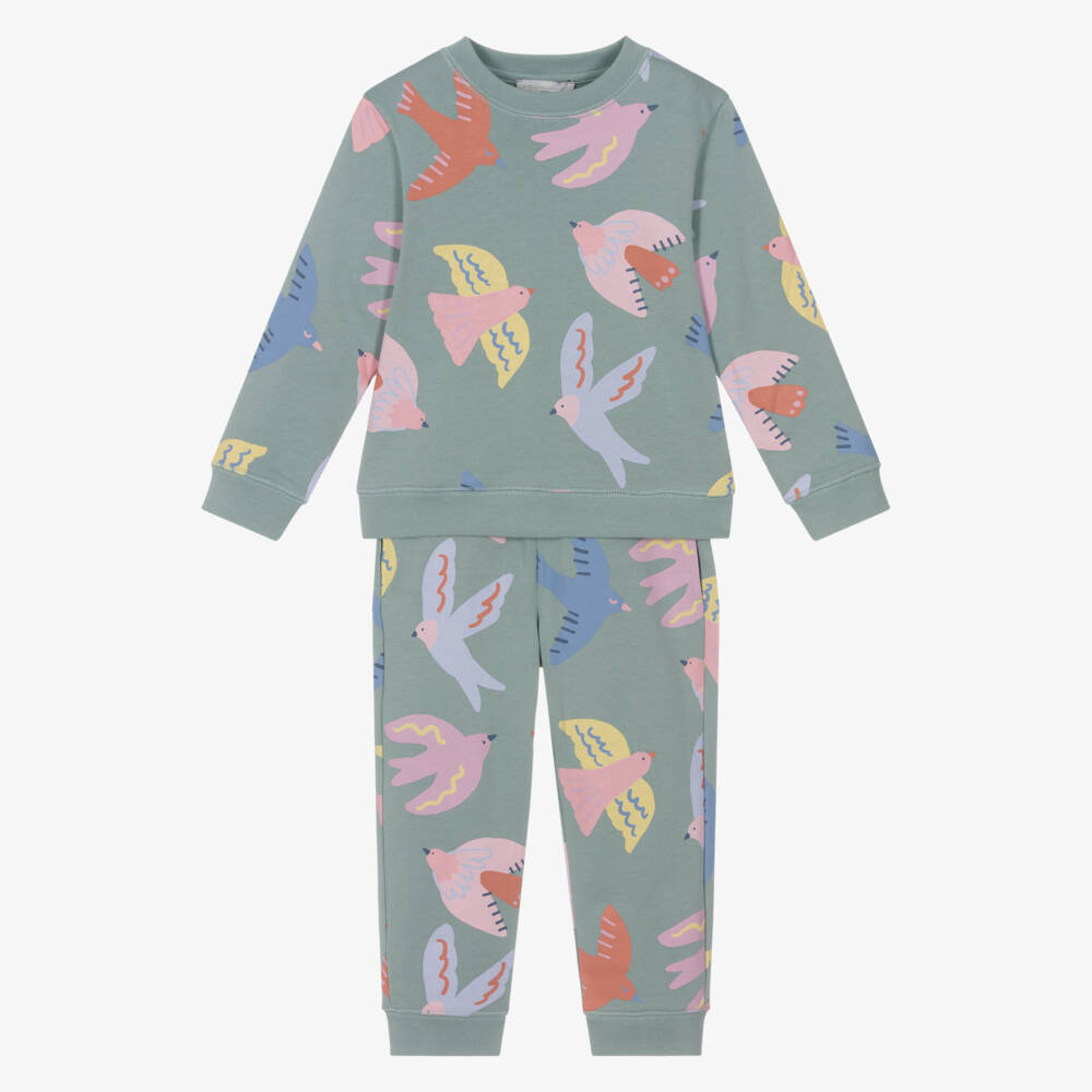 Stella McCartney Kids-Girls Green Cotton Tracksuit with Colourful Bird Print | Childrensalon Outlet