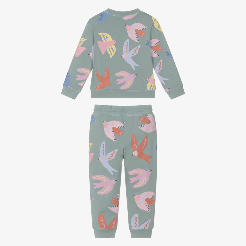 Stella McCartney Kids-Girls Green Cotton Tracksuit with Colourful Bird Print | Childrensalon Outlet