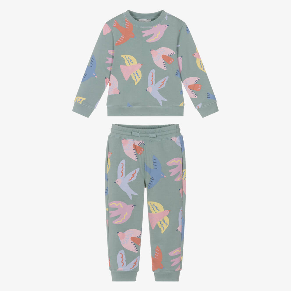Stella McCartney Kids-Girls Green Cotton Tracksuit with Colourful Bird Print | Childrensalon Outlet