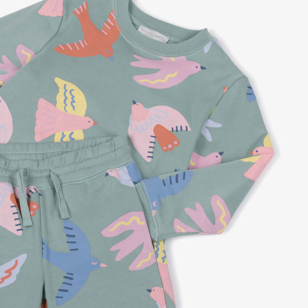 Stella McCartney Kids-Girls Green Cotton Tracksuit with Colourful Bird Print | Childrensalon Outlet