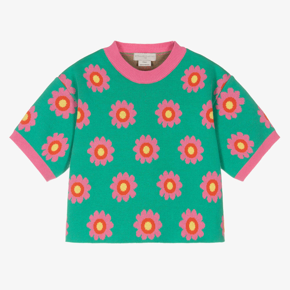 Stella McCartney Kids - Girls Green & Pink Flowers Knitted Top | Childrensalon