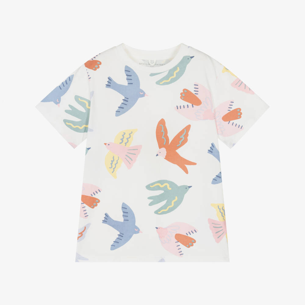 Stella McCartney Kids-بلوزة قطنية عاجية للبنات بطبعة طيور | Childrensalon Outlet