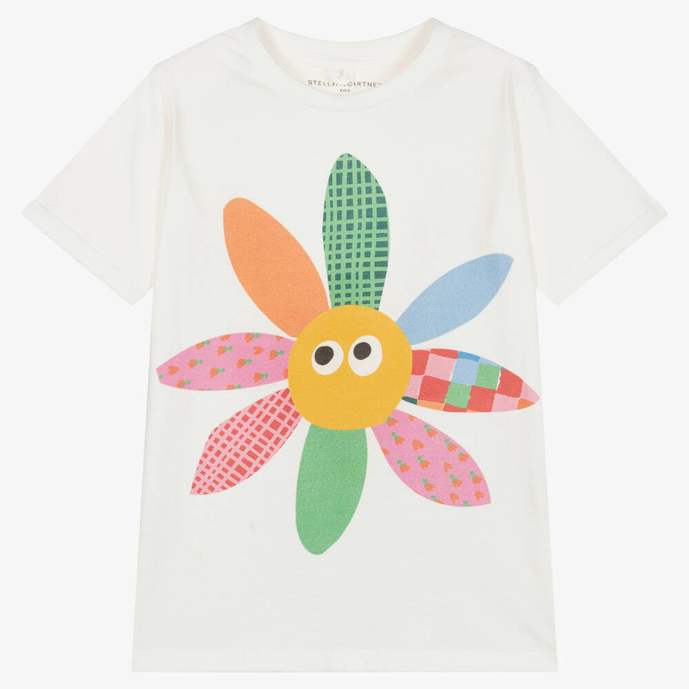 Stella McCartney Kids - Кремовая хлопковая футболка с цветком | Childrensalon