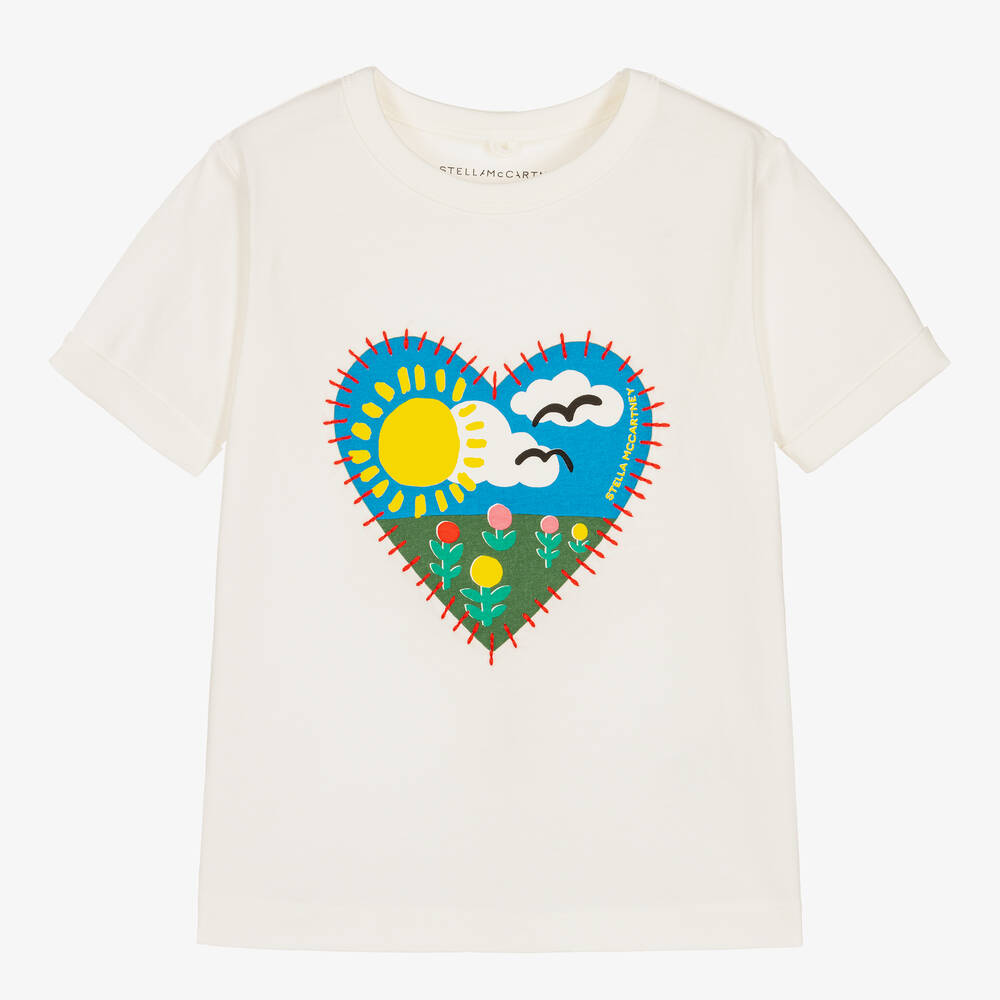 Stella McCartney Kids-Girls Ivory Cotton Heart Logo T-Shirt | Childrensalon Outlet