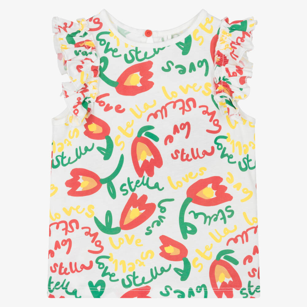 Stella McCartney Kids-Girls Ivory Cotton Jersey T-Shirt with Red Tulip Print | Childrensalon Outlet