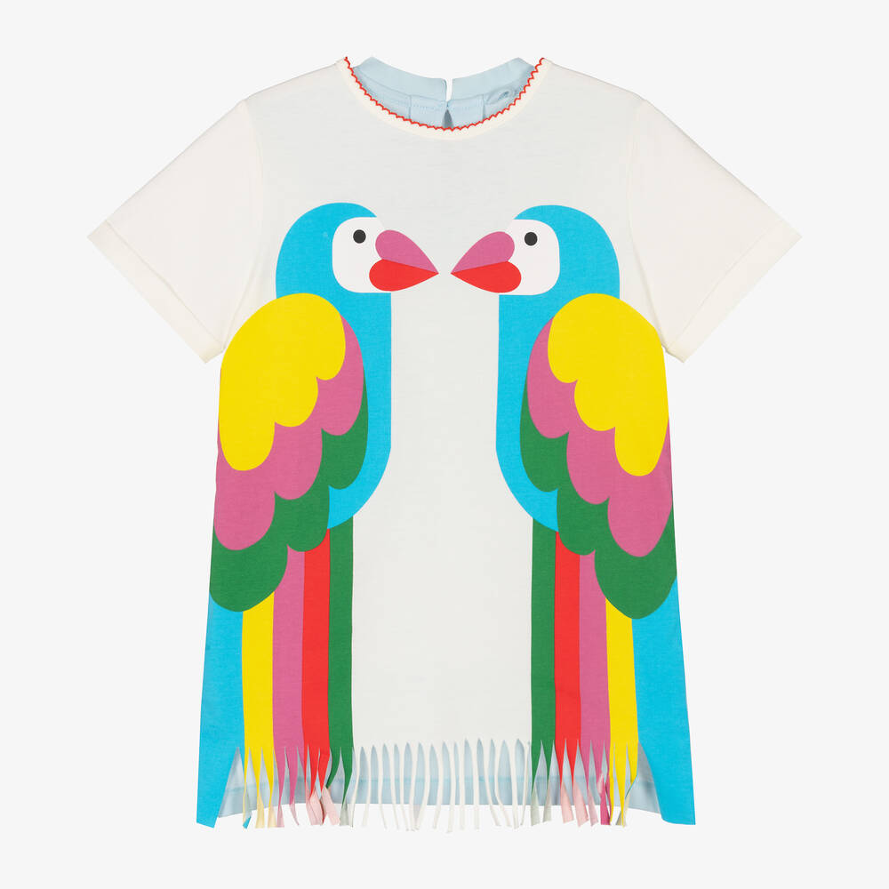 Stella McCartney Kids - Кремовое хлопковое платье с бахромой и попугаями | Childrensalon