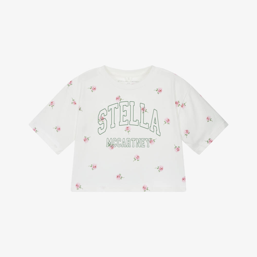 Stella McCartney Kids-Girls Ivory Cotton T-Shirt with Rose Print & Varsity Logo | Childrensalon Outlet
