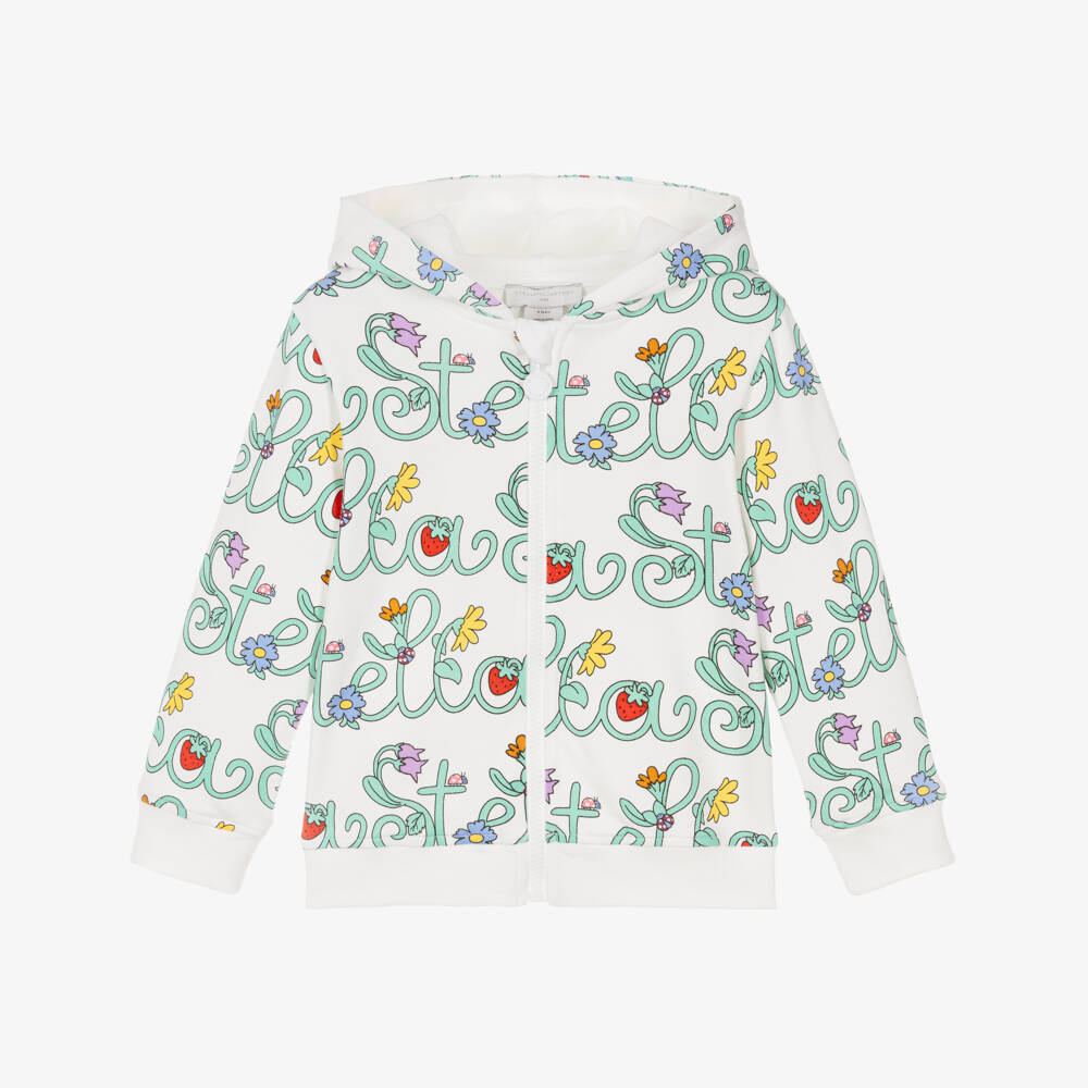 Stella McCartney Kids-Girls Ivory Cotton Zip-Up Hoodie with Floral Logo Print | Childrensalon Outlet