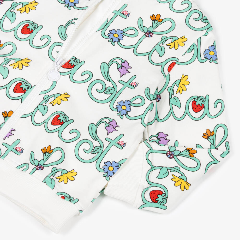Stella McCartney Kids-Girls Ivory Cotton Zip-Up Hoodie with Floral Logo Print | Childrensalon Outlet