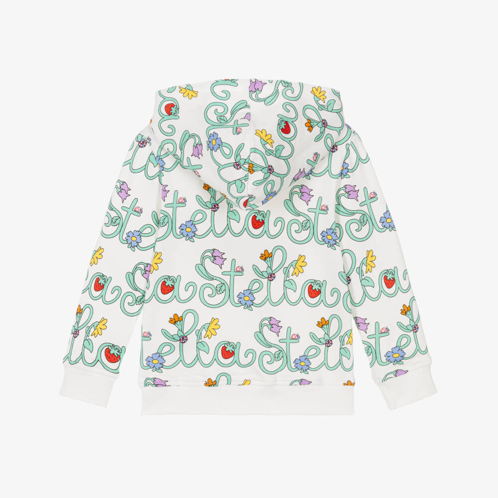 Stella McCartney Kids-Girls Ivory Cotton Zip-Up Hoodie with Floral Logo Print | Childrensalon Outlet