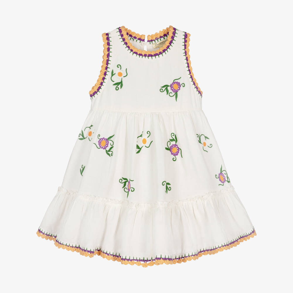 Stella McCartney Kids-Girls Ivory Dress with Floral Embroidery & Crochet Trims | Childrensalon Outlet